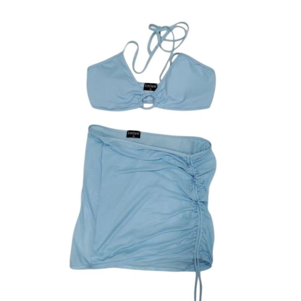 Icon Swim Light Blue Bikini Set With Ruched Cover Up Skirt & Halter Top Size M
